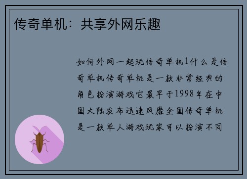 传奇单机：共享外网乐趣